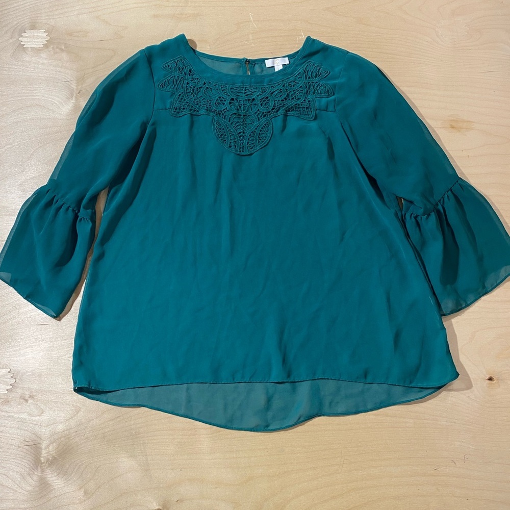 C Teal Blouse with Lace Accent Large (OA) - Picture 2 of 8